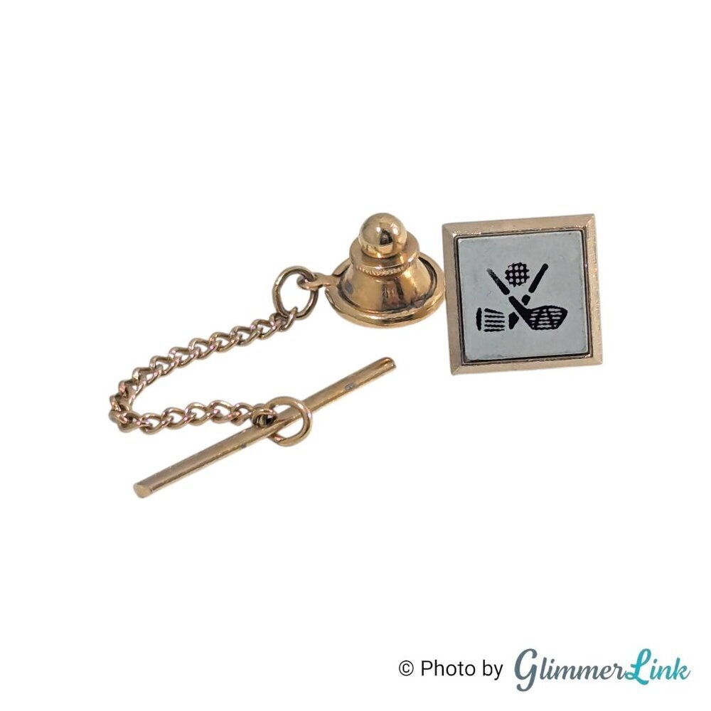 Vintage Swank Two Tone Golf Clubs & Ball Square Tie Tack Pin with Chain